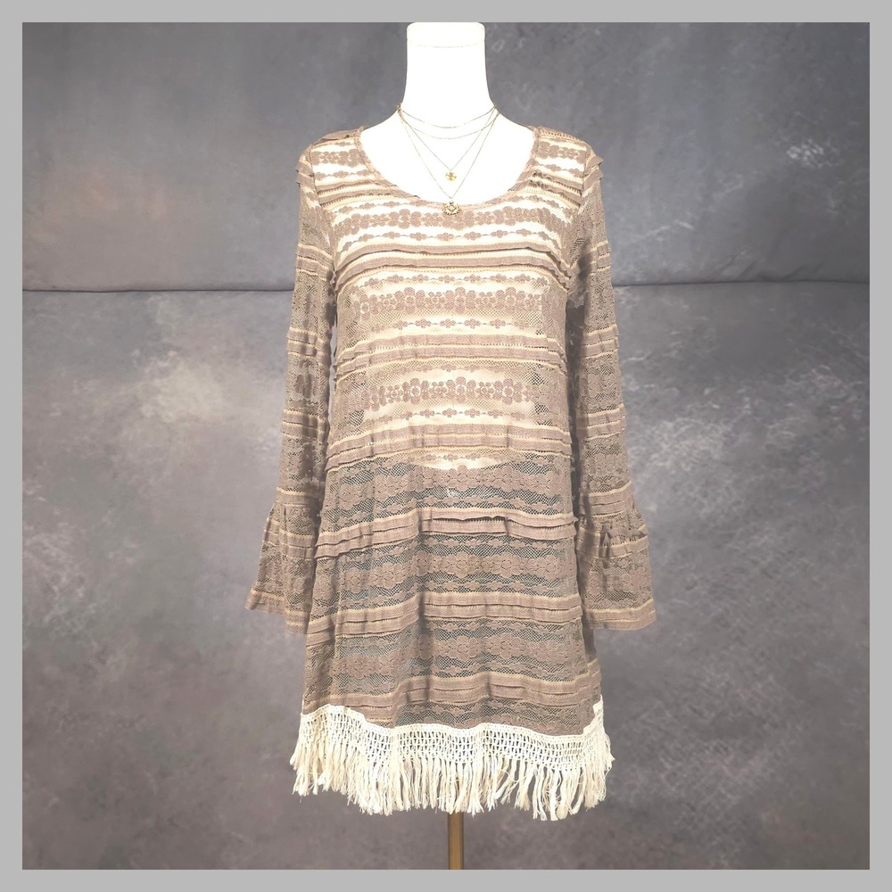 Camille & Co Sheer Lace Tunic Mini Dress Bell Sleeve Fringe Hem Boho Festival M